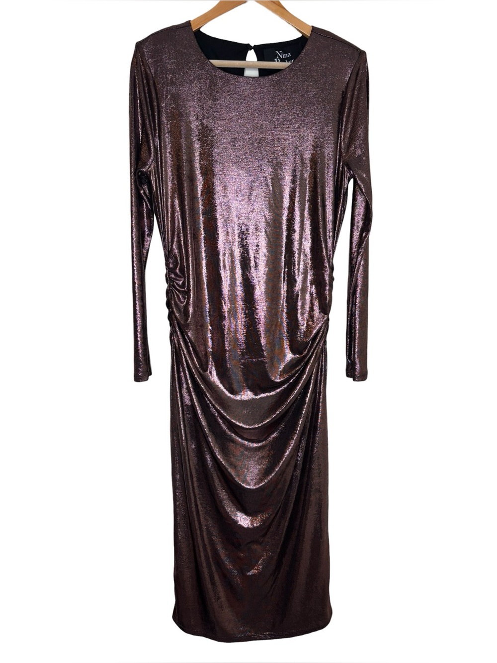 Nina Parker for Macys dress rose gold metallic ruched long sleeve midi